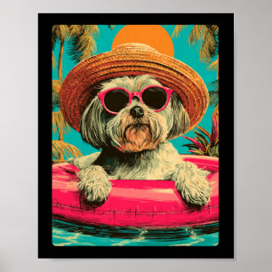 Zomer Maltees Met Zonnebril Cute Hond Tropisch Zwe Poster