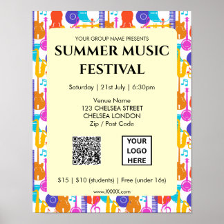 Zomer Muziekfestival QR-code en Logo Poster
