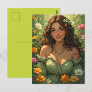 Zomer Natuur Godin Nimf in Groene Jurk Bloemen Briefkaart