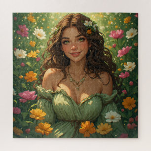 Zomer Natuur Godin Nimf in Groene Jurk Bloemen Legpuzzel