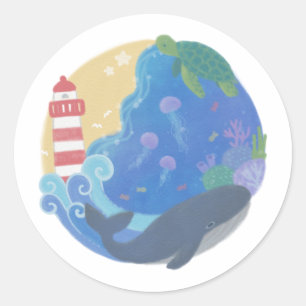 Zomer Ocean Whale Turtle & Lighthouse Ronde Sticker
