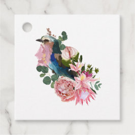 Zomer ontwerp met vogel en roze bloemen. bedankjes labels