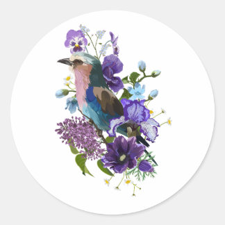 Zomer ontwerp met vogel- en violette bloemen. ronde sticker