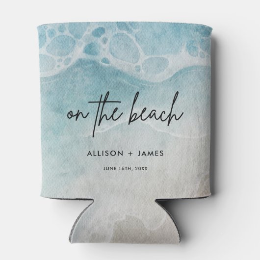 Zomer op het strand trouwgunsten blikjeskoeler (Achterkant)