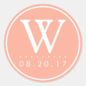 Zomer Peach Monogram Bruiloft Datum Ronde Sticker (Voorkant)