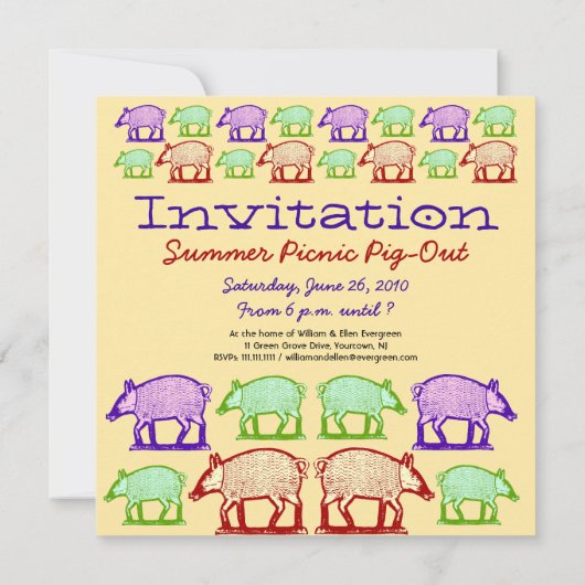 Zomer Picknick Uitnodiging - Folk Art Varkens (Achterkant)