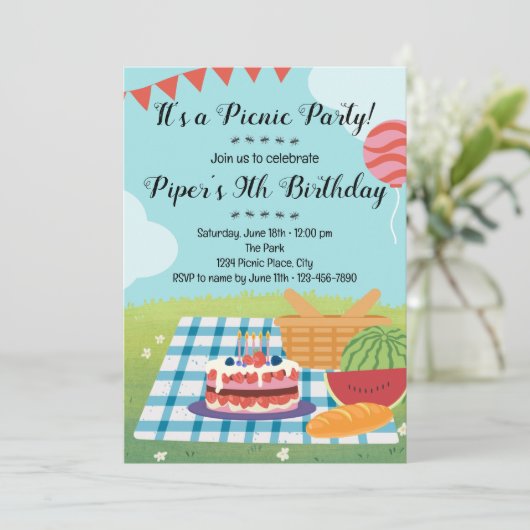 Zomer Picknick Verjaardag Uitnodiging (Staand voorkant)