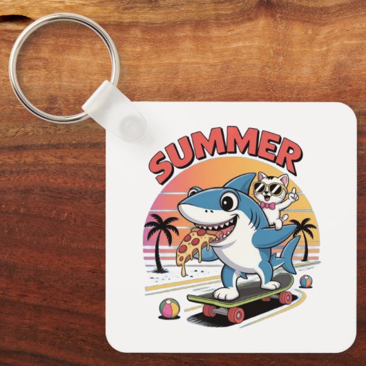 Zomer pizza met haai en kat sleutelhanger (Voorkant)