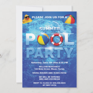 Zomer Pool Party Blauwe Uitnodiging