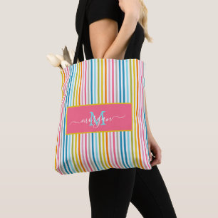 Zomer Rainbow Stripes Monogram Script Draagtas