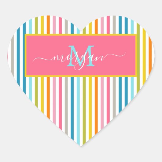 Zomer Rainbow Stripes Monogram Script Hart Sticker (Voorkant)