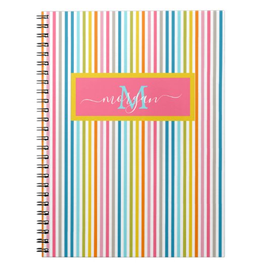 Zomer Rainbow Stripes Monogram Script Notitieboek (Voorkant)