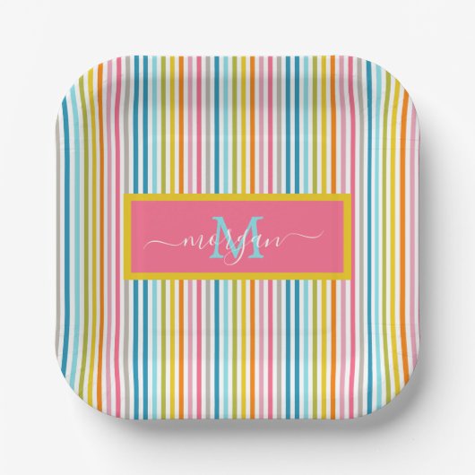 Zomer Rainbow Stripes Monogram Script Papieren Bordje (Voorkant)