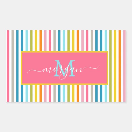 Zomer Rainbow Stripes Monogram Script Rechthoekige Sticker (Voorkant)