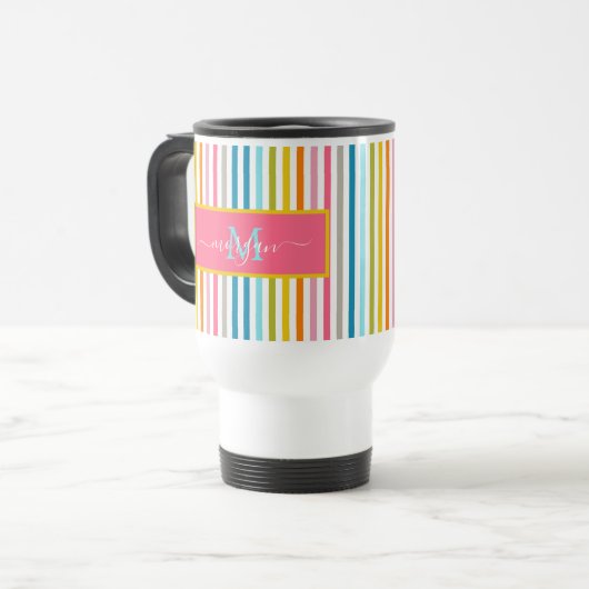 Zomer Rainbow Stripes Monogram Script Reisbeker (Voorkant links)