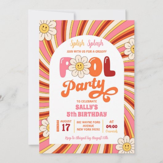 Zomer Retro Groovy Daisy Pool Party Verjaardag Kaart (Voorkant)