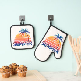 Zomer retro zonsondergang palmboom ovenwant & pannenlap set