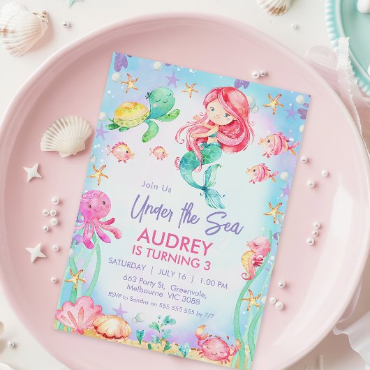 Zomer Rood Haar Zeemeermin Onder Het Zee Verjaarda Kaart