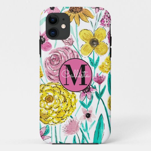 Zomer Roze Gele Bloemen Waterverf Monogram Case-Mate iPhone Case (Achterkant)
