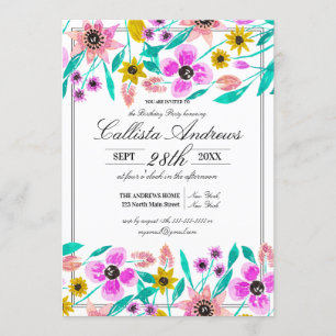 Zomer Roze Gele Bloemen Waterverf Verjaardag Kaart