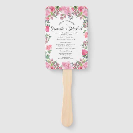 Zomer Roze Rose Bloemen Trouwprogramma Hand Fan Handwaaier (Voorkant)