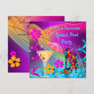 Zomer Roze Teal Strand Zwembad Cocktail Feest Kaart