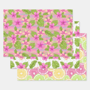 Zomer Roze Tropische Bloemen Citroenen Limes  Inpakpapier Vel