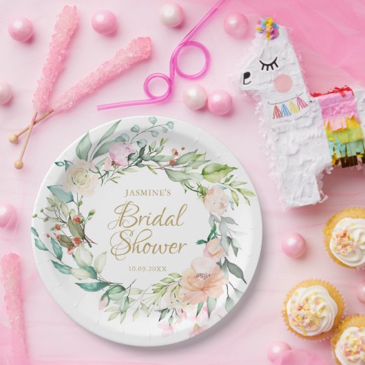 Zomer Roze Waterverf Gouden Script Bruidsdouche Papieren Bordje (Feest)