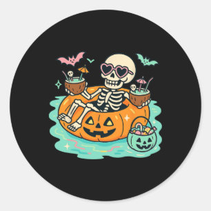 Zomer Skelet In Pompoen Drijft Lief Griezelig Zwem Ronde Sticker