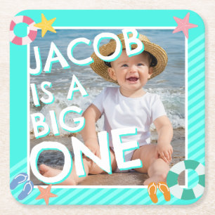 Zomer Sky Blue Boys 1e verjaardag Vierkante Kartonnen Onderzetter