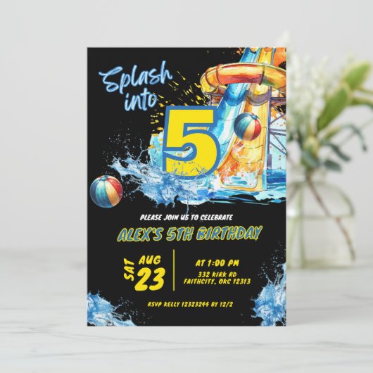 Zomer Splash In Vijf Pool Party Uitnodiging (Staand voorkant)