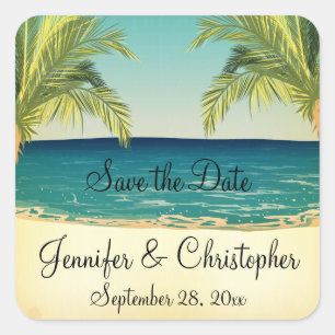 Zomer Strand en Palm Trees Bruiloft Save the Date Vierkante Sticker