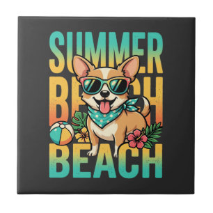 Zomer strand hond vakantie vector tegeltje