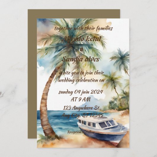 Zomer strand palmboom tropische waterverf bruiloft kaart (Voorkant / Achterkant)