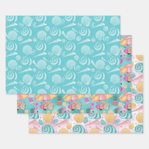 Zomer Strand Roze Turquoise Geel Schelpen Flamingo Inpakpapier Vel