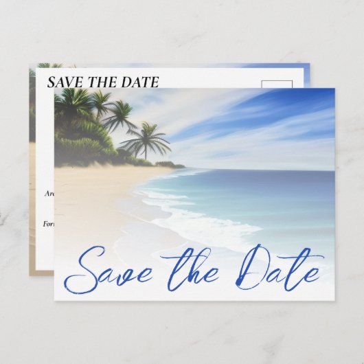 Zomer Strand Zand Palm Tree Bruiloft Save The Date Briefkaart (Voorkant / Achterkant)