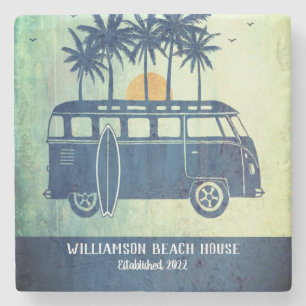 Zomer Strandhuis Retro Surf Bus Monogram Stenen Onderzetter