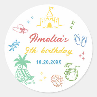 Zomer strandmeisje verjaardagsfavoriet ronde sticker