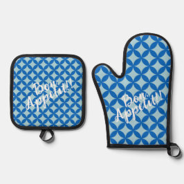 Zomer tegel met azuurblauwe cirkels op baby blauw ovenwant & pannenlap set