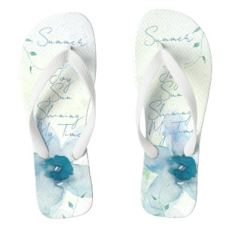 Zomer Tekst Blauwe Aquarel Bloemenschildering Teenslippers