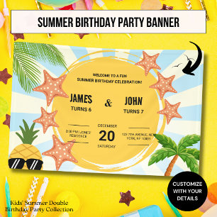 Zomer Thema Kinderen Dubbele Verjaardagsviering Spandoek