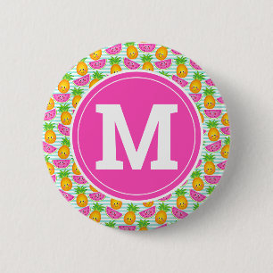 Zomer Tropische Ananas & Watermeloen Monogram Ronde Button 5,7 Cm