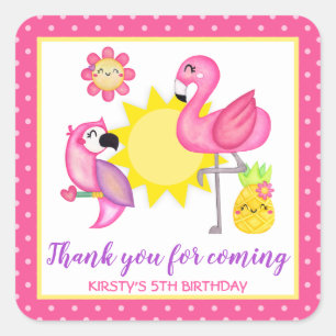 Zomer Tropische Flamingo & Papegaai Verjaardag Vierkante Sticker