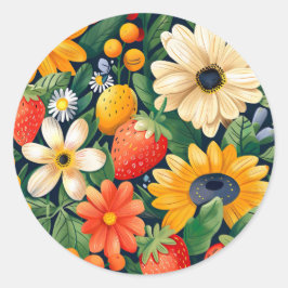 Zomer Tuin Bloemen Aardbei Patroon Ronde Sticker