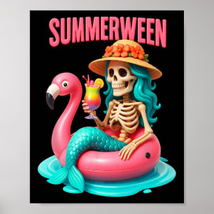 Zomer-tussen Zeemeermin Skelet Flamingo Halloween  Poster