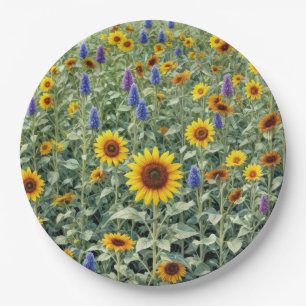 Zomer veld van zonnebloemen en wilde bloemen papieren bordje