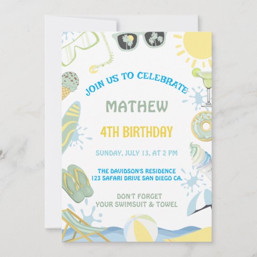 Zomer verjaardag zwembad of strand partij uitnodig kaart (Voorkant)