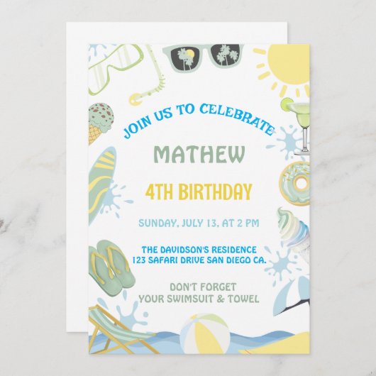 Zomer verjaardag zwembad of strand partij uitnodig kaart (Voorkant / Achterkant)