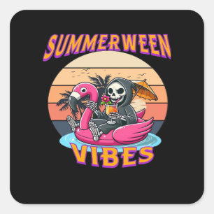 Zomer Vibes Grim Reaper Flamingo Float Retro Vierkante Sticker
