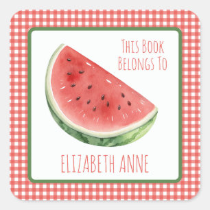 Zomer Watermeloen en Rode Gingham Geruit Ex-Libris Vierkante Sticker